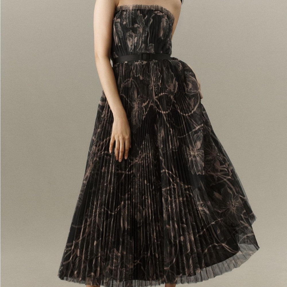 Hutch Strapless Black Pleated Floral Midi Dress BRAND NEW
